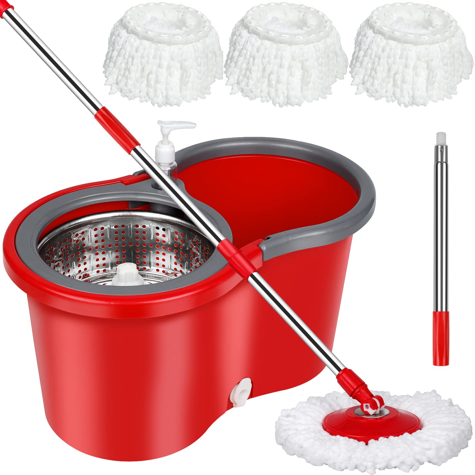 PULNDA Spin Mop and Bucket with Wringer Set,Mop and Bucket Set for Floor Cleaning with 3 Mop Refills 61 inches Telescoping Mop R