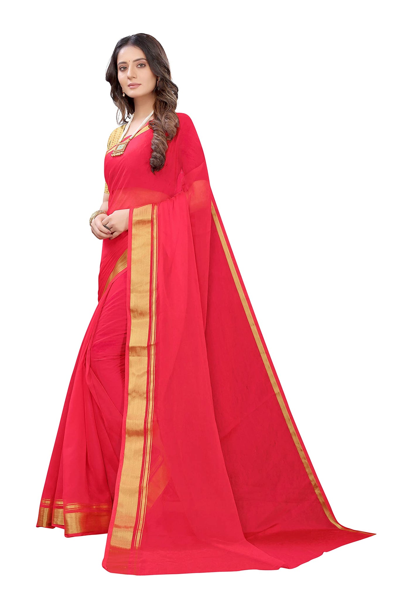 Gosriki Women'S Chiffon Saree With Blouse Piece (Chutki Pink_Pink),Pink,,B095WBYR71