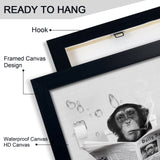 Funny Monkey Framed Wall Art in Bathtub,Black and White Canvas Monkey Wall Art Prints Farmhouse Bathroom Decor,Humor Animals Bat