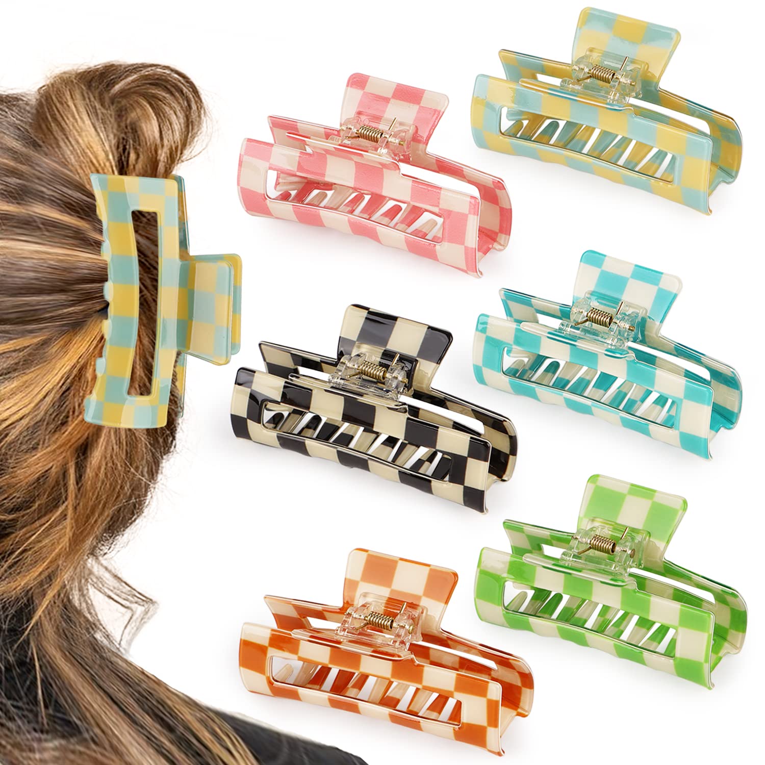 6 Pack Checkered Hair Claw Clips,3.1, Multicolored Square Medium Hair Clips, Non-Slip Claw Clips Hair Styling Accessories with