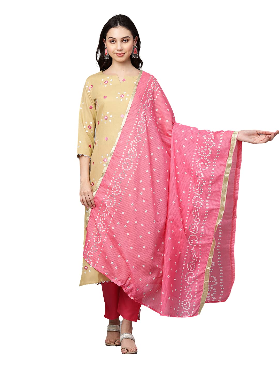 Anni Designer Women'S Cotton Straight Printed Kurta With Pant & Dupatta (Shipra Light Green_Xxl-Light Green_Xx-Large),Beige,2XL