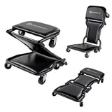 Powerbuilt 42-Inch Triplex Folding Creeper, Rolling Seat, and Brake Stool, All-in-One Adjustable Roller Garage Chair, Lay Down o