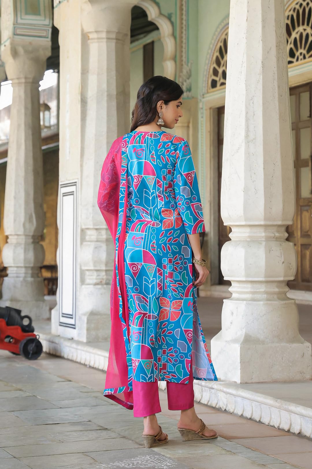 Gosriki Women'S Cotton Blend Straight Printed Kurta With Pant & Dupatta (Down-Rama Blue-Nkf-Gs_M_Blue_Medium),Blue,,B0CQPHL3CX