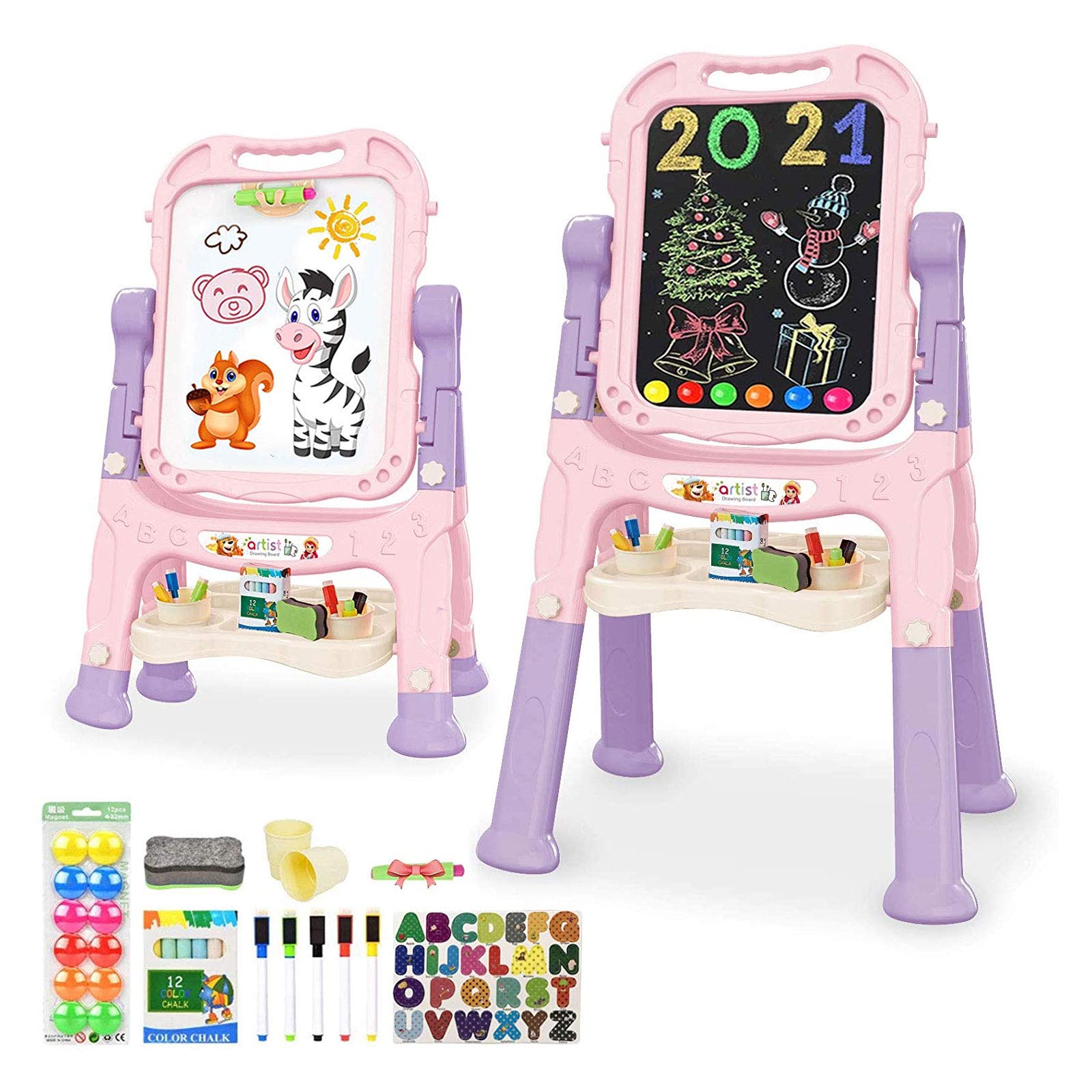 Mojitodon Art Easel for Kids, Adjustable Standing Rotatable Double Sided Easel with Painting Accessories for Toddlers Boys and G