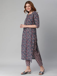 Gosriki Women'S Cotton Blend Traditional Straight Printed Kurta With Pant Set (Janar Dark Blue-Jan42-Gs_Xxl_Dark Blue_Xx-Large),Dark Blue,2,B0BXLT2QZQ