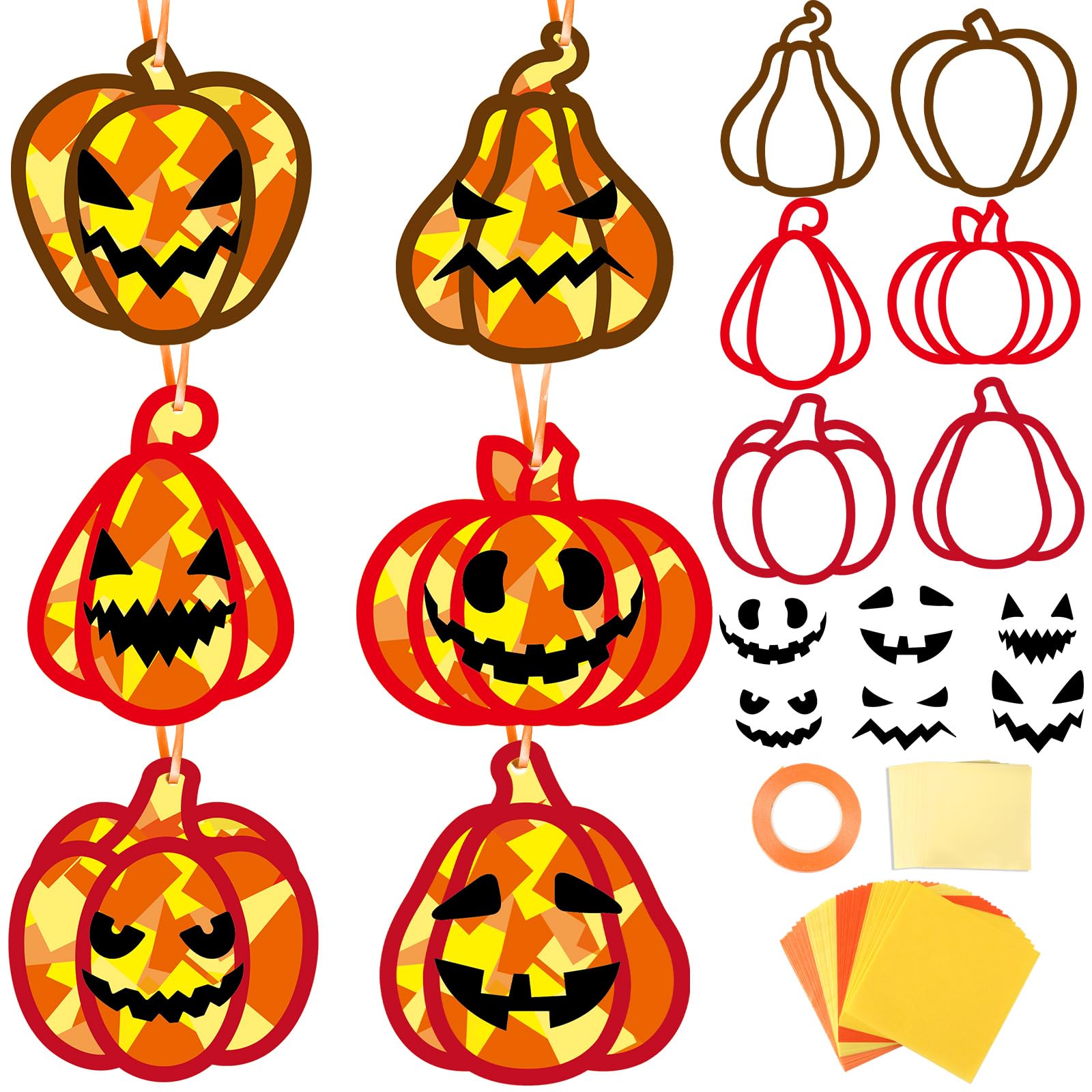 Qyeahkj 36 Set Fall Pumpkin Suncatchers Crafts for Kids DIY Thanksgiving Pumpkin Window Tissue Paper Crafts Kit Halloween Hangin