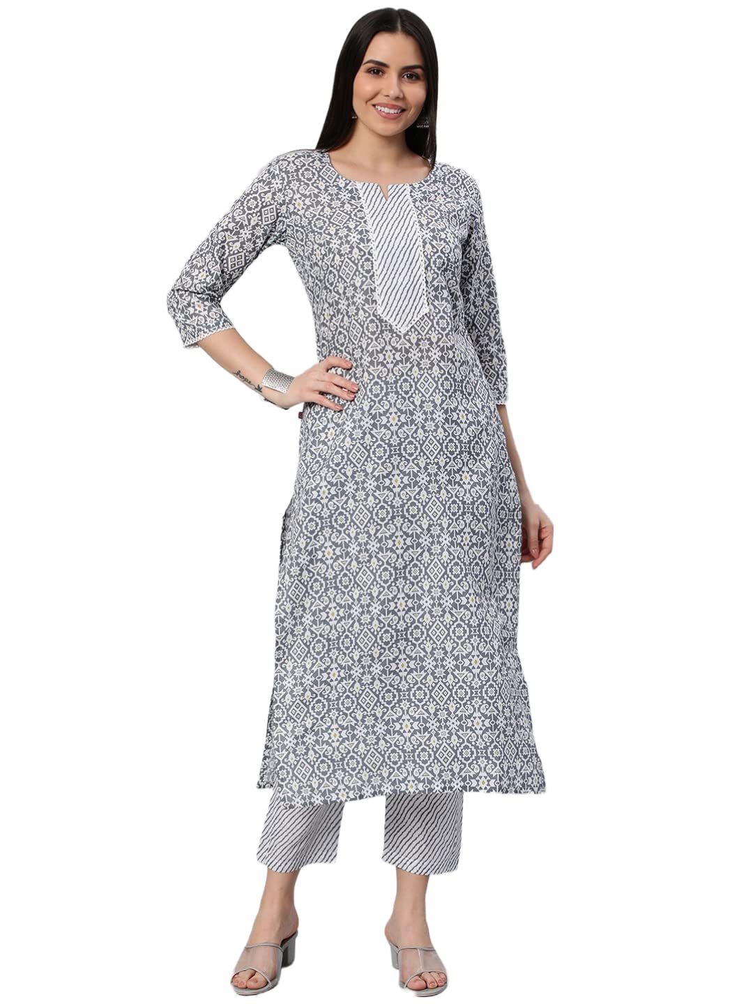Anni Designer Women'S Cotton Blend Printed Straight Kurta With Pant (Kavi-Grey-Nw_Xxl_Grey_Xx-Large),Grey,2XL