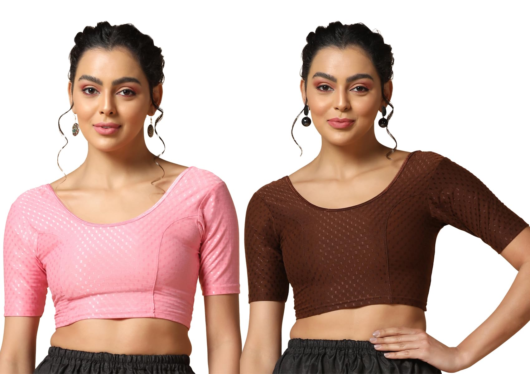 Toplot Cotton Blend Lycra Stretchable Readymade Blouses Pack Of 2 (Combo-5058-Bbp-Cof-32),Baby Pink-Coffee,32,B0CV59YPBB