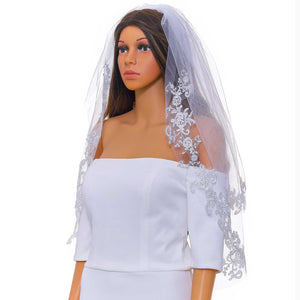 Acenail 2 Tiers Bride Wedding Veil Waist Veil Short Lace Edge Veil with Comb Bridal Tulle Hair Accessories for Brides (White)