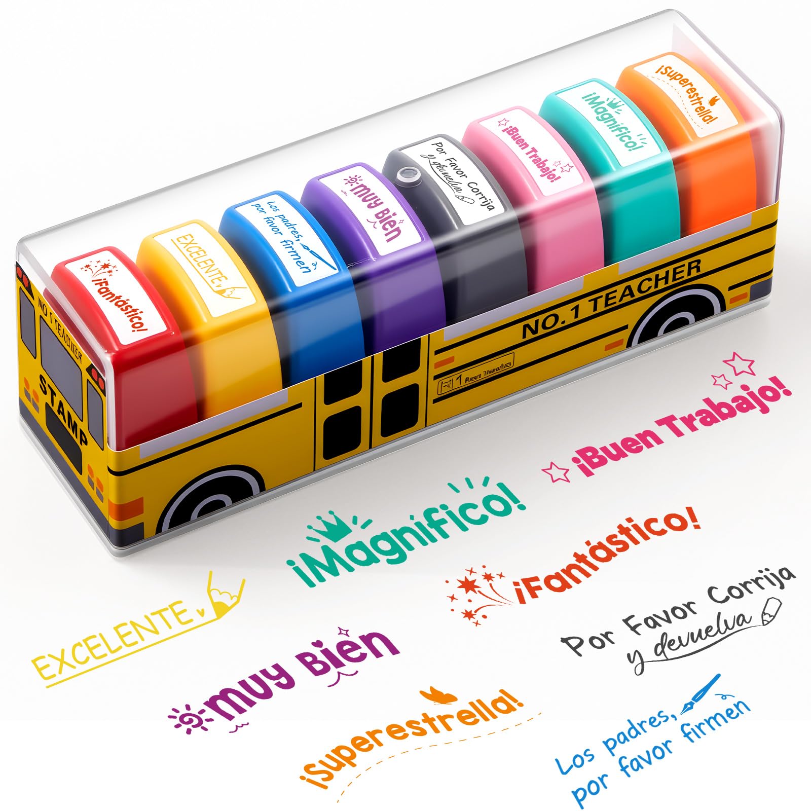 Qilery 8 Pcs Teacher Stamp Spanish Grading Gifts Rubber Self Inking Motivation for School Spanish Classroom Grading Stamp Kids S