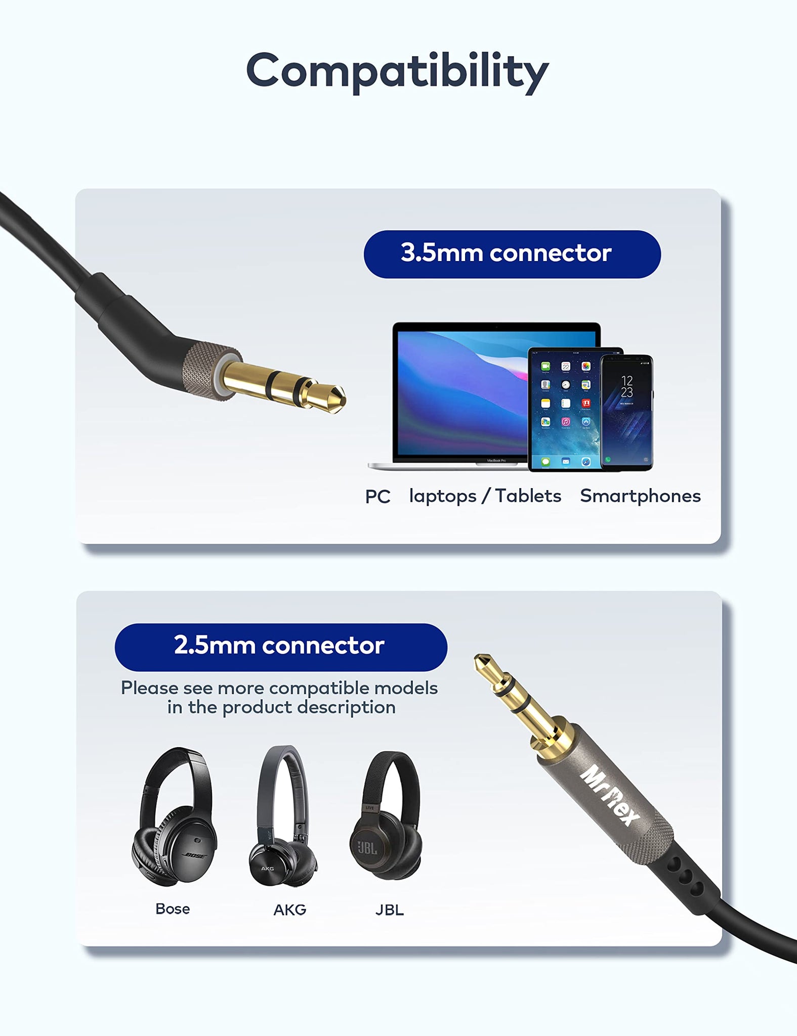 Mr Rex 3.5mm to 2.5mm Aux Cable Cord for Bose 700 QuietComfort QC45 QC35II QC35 QC25 Noise Cancelling Headphones, JBL E45BT E55B
