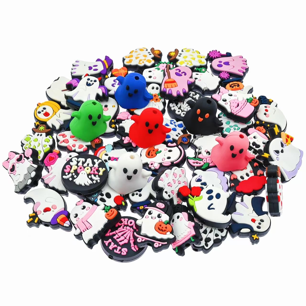 Papacharms 50pcs Different Halloween Focal Beads for Pens Silicone Spooky Focal Beads for DIY Pens,Necklace, Keychains & Bracele