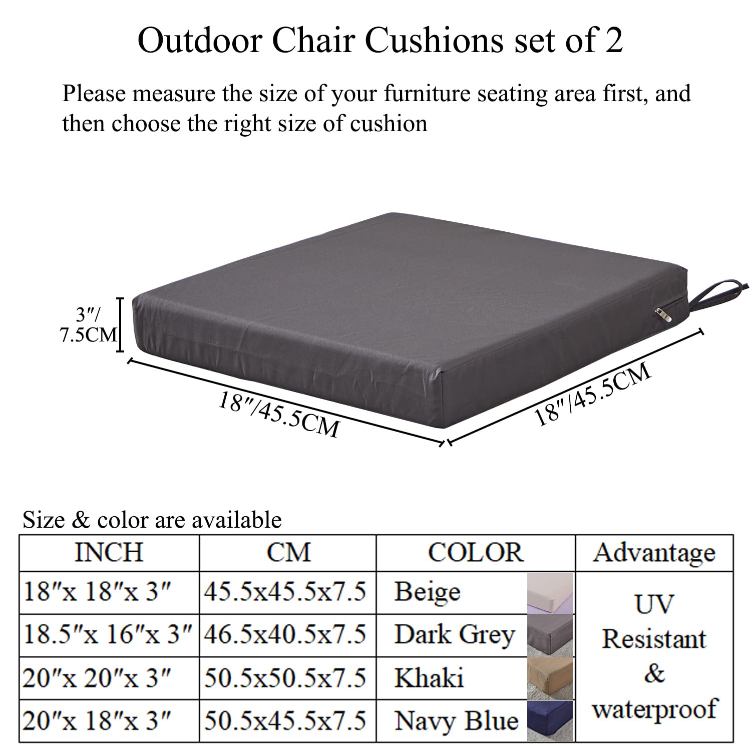 18 x 18 Inch Outdoor Chair Cushions for Patio Furniture, UV Resistant Non Slip Waterproof Replacement Patio Seat Cushion with Ti