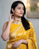 Flosive Womens Present Banarasi Soft Lichi Silk Saree Beautiful Jacquard Rich Pallu Design Work Zari Woven Kanjivaram Silk Style Saree With Soft Lichi Silk Blouse Piece (Yellow)