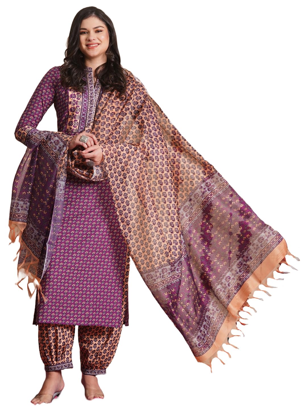 Anni Designer Women'S Rayon Blend Straight Printed Kurta With Pant & Dupatta (Jaaferi Purple-Vks02_Xl_Purple_X-Large),Purple,XL
