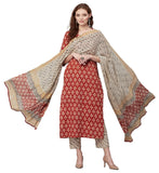 Anni Designer Women'S Cotton Blend Printed Straight Kurta With Pant & Dupatta (Usmi-Maroon_S_Maroon_Small),Maroon,S