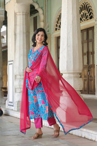 Gosriki Women'S Cotton Blend Straight Printed Kurta With Pant & Dupatta (Down-Rama Blue-Nkf-Gs_M_Blue_Medium),Blue,,B0CQPHL3CX