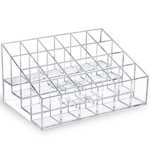 MOSIKER Lipstick Organizer,Small Clear Plastic Compact Lip Gloss Chapstick Perfume Sample Mascara Holder with 24 Slots