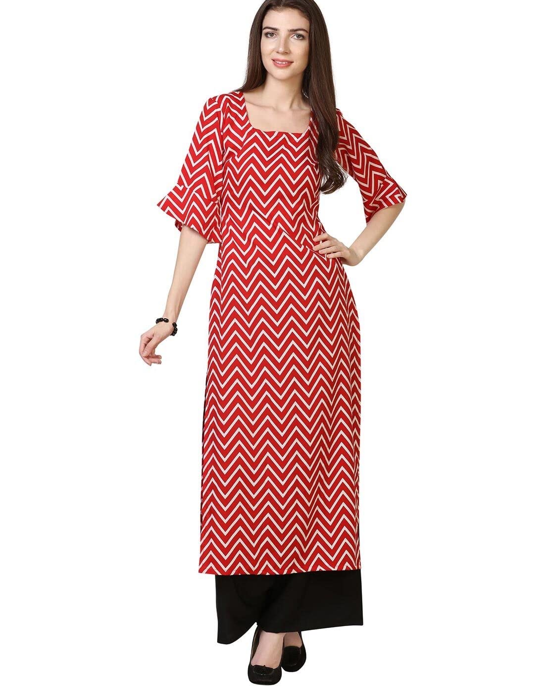 Gosriki Women'S Creap Straight Kurta(Zigzag Red_M-Go_Red_Medium),Red,,B09SW9P5N8