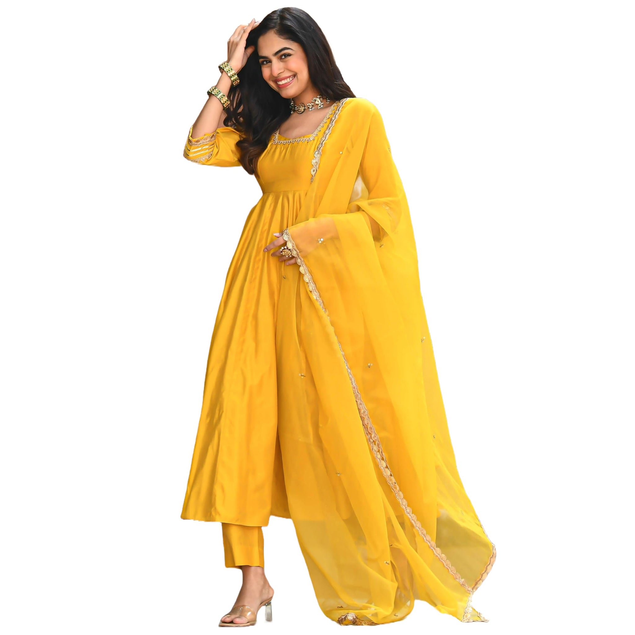 Anni Designer Women'S Rayon Blend Anarkali Solid Kurta With Pant & Dupatta (Sitapati Yellow_L_Yellow_Large),Yellow,L