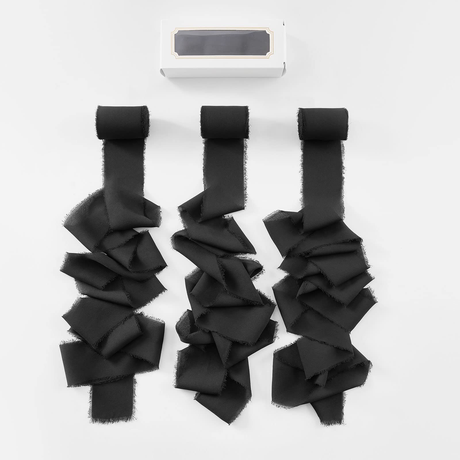 Pretty Jolly Black Chiffon Ribbon for Gift Wrapping 3 Rolls 2 Inch x 7Yd Silk Ribbons Handmade Fringe Fabric Ribbon for Flower B