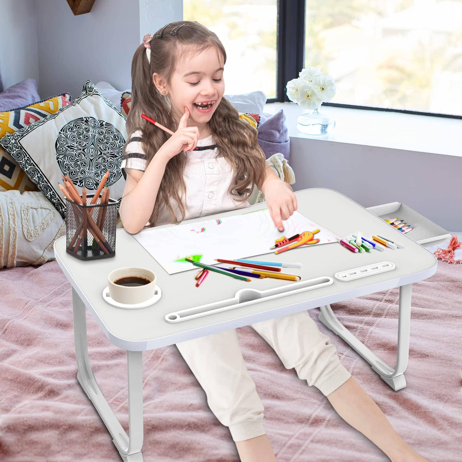 Fayquaze Laptop Bed Desk, Portable Foldable Laptop Bed Table with USB Charge Port Storage Drawer and Cup Holder,Lap Desk Laptop