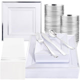 Festiva 350Pcs Silver Plates - Silver Square Plastic Plates 9 .5 and 6 - serve for 50 guests include 50 Cups 50Plastic Cutlery 5
