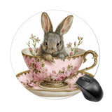 Vintage Pink And Gold Floral Teacup And Saucer Mousepad Round Computer Mousepad Bunny Sitting Inside Whimsical Waterproof Gaming