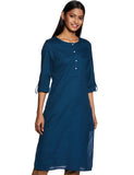 W for Woman Ink Blue Casual Solid Print Cotton Blend Straight Kurta_20FEW13783-213746_S