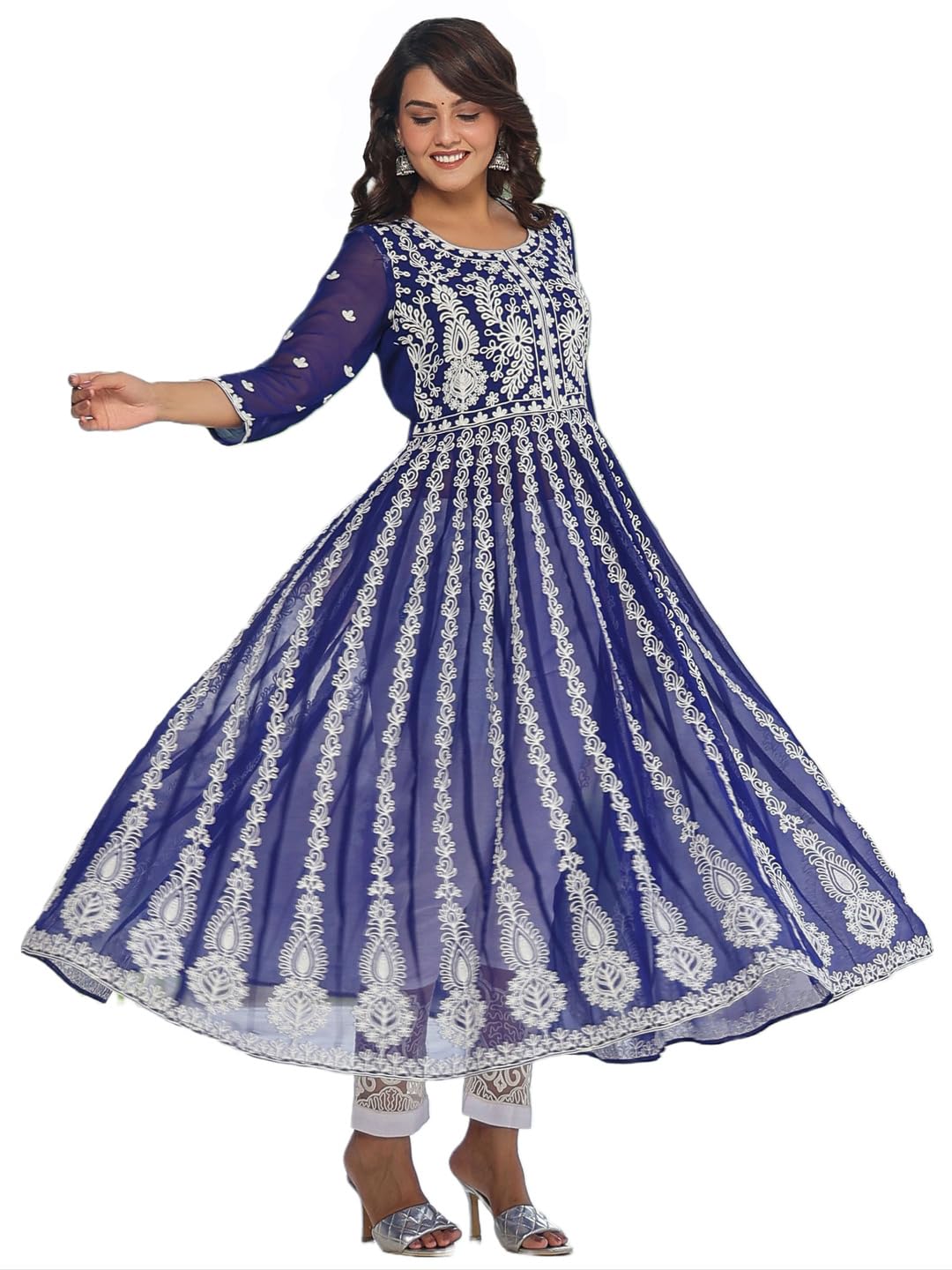 Anni Designer Women'S Georgette Anarkali Chikankari Embroidered Kurta (Kari-Blue_M_Blue_Medium),Blue,M