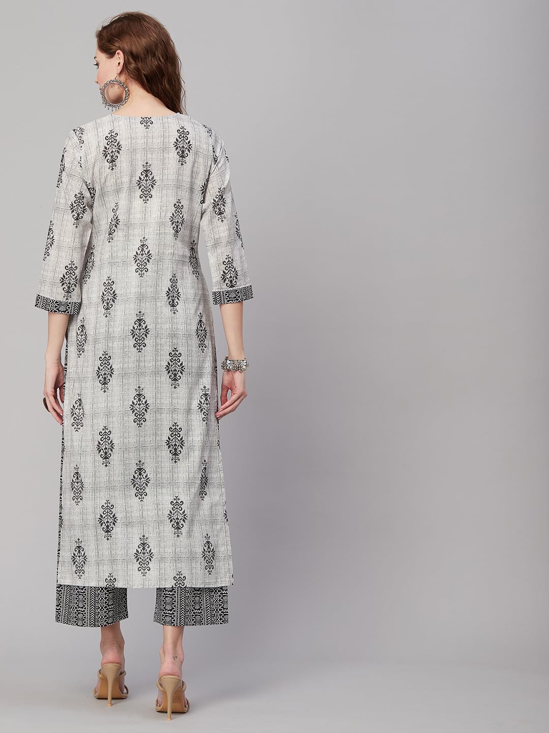 Anni Designer Women'S Cotton Blend Printed Straight Kurta With Pant (Nandi Grey_L_Grey_Large),Grey,L,Cotton Blend,Regular,Kurta