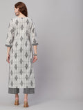 Anni Designer Women'S Cotton Blend Printed Straight Kurta With Pant (Nandi Grey_L_Grey_Large),Grey,L,Cotton Blend,Regular,Kurta