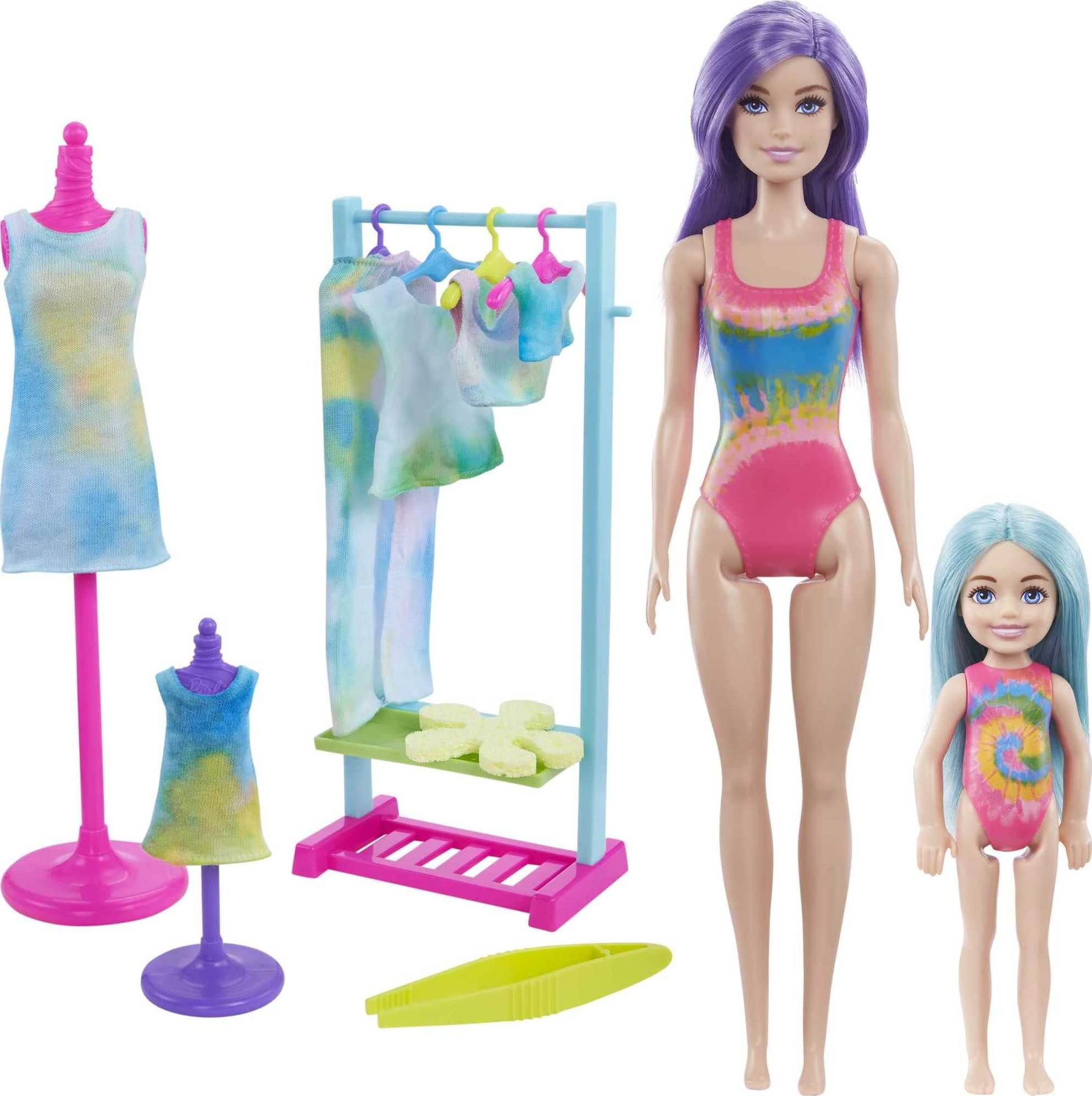 Barbie Color Reveal Toy Set, Tie-Dye Fashion Maker With Barbie & Chelsea Dolls & Accesssories, 50 Surprises Including Pets