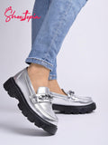 Shoetopia Smart Casual Chain Detailed Silver Loafers For Girls-Eu37,Bronze,4,B0D5HF27JJ
