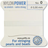 #0 White Griffin Nylon Bead Cord (2 Meters) Stainless Steel Needle Attached - for Knotting Pearls, Gemstones, Crystals and Beads