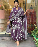 Anni Designer Women'S Rayon Viscose Anarkali Printed Kurta With Pant & Dupatta (Jasiwal Purple_S_Purple_Small),Purple,S,Rayon Blend,A-Line,