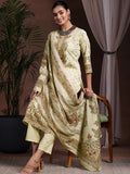 Libas Womens Printed Crepe Straight Kurta With Trousers And Dupatta Beige L