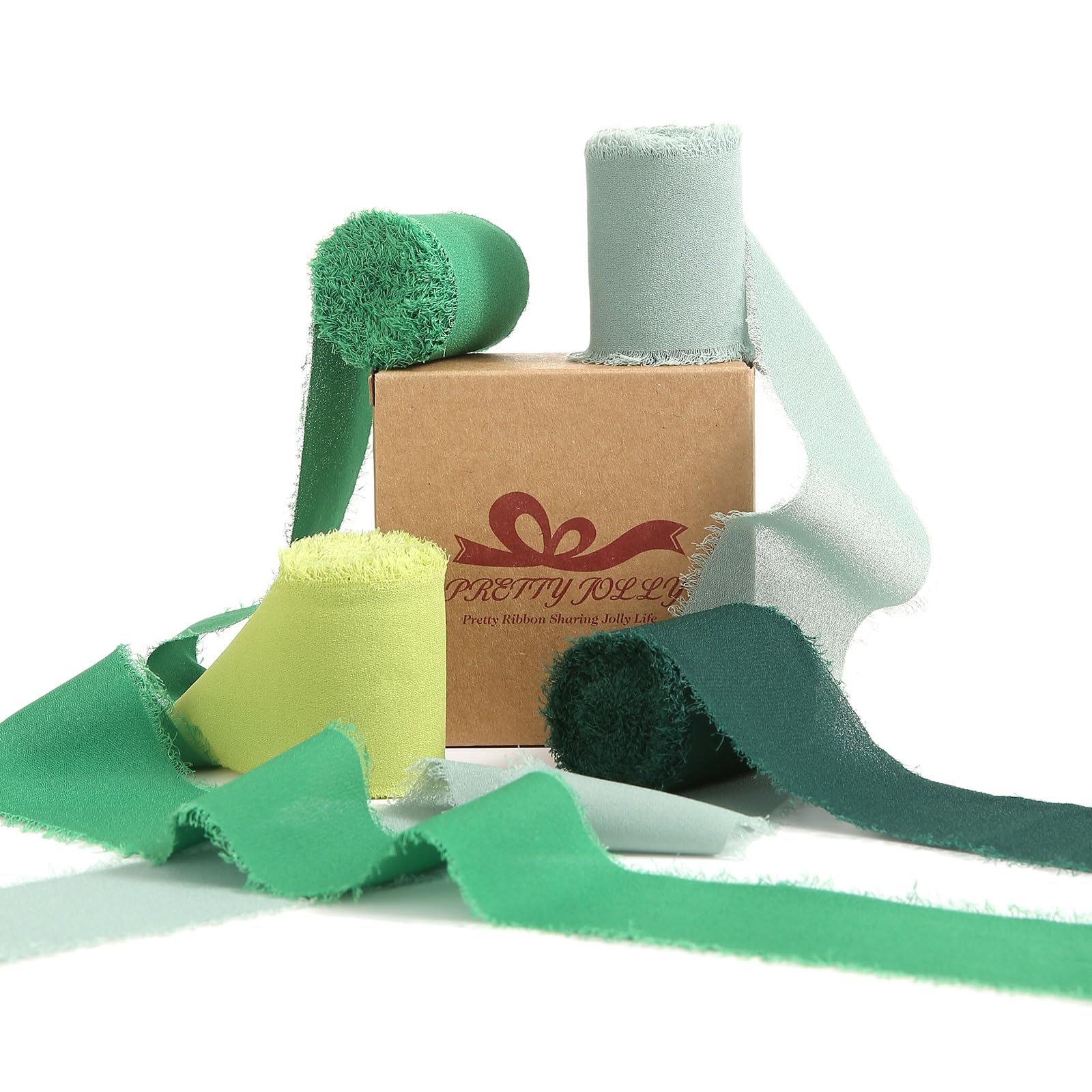 Pretty Jolly Green Set Chiffon Ribbon for Gift Wrapping 4 Rolls 2 Inch x 5Yd Silk Ribbons Handmade Fringe Fabric Ribbon for Flow