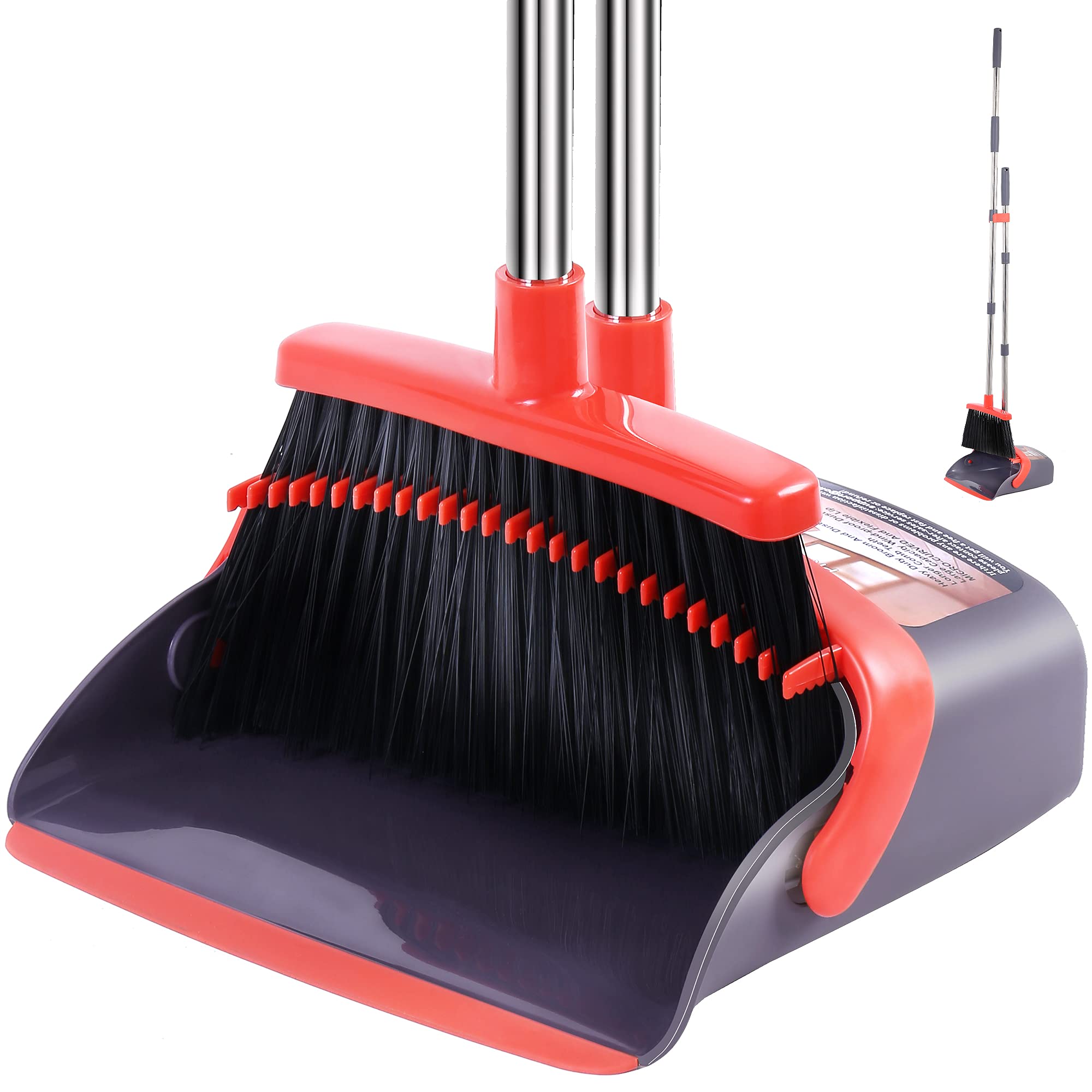 Broom with Dustpan Combo Set Broom and Dustpan Set Dust Pan with Stainless Steel Long Handle, Brooms with 5-Layer Soft Bristles,