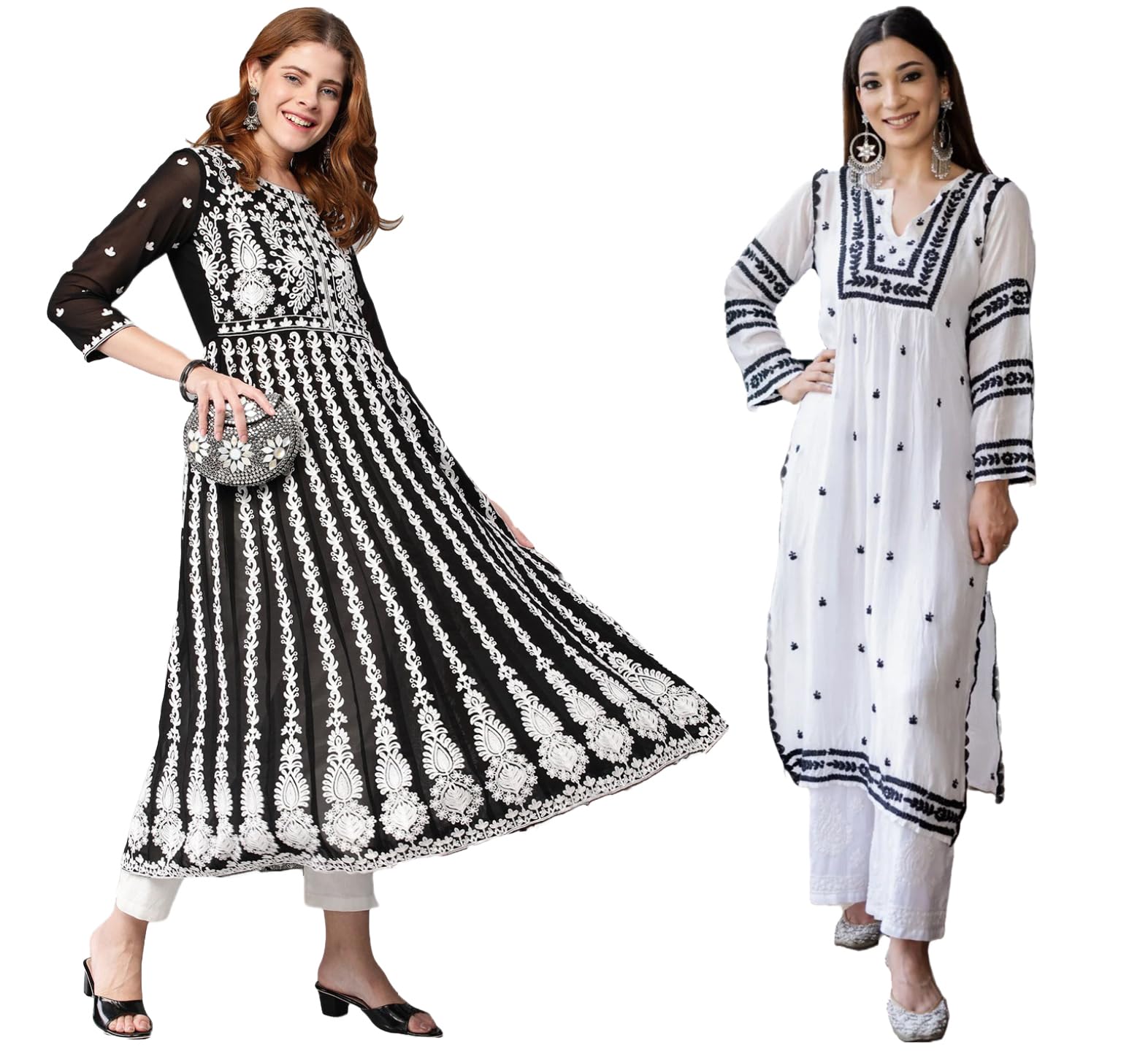 Anni Designer Women'S Cotton Blend Embroidered Straight Kurti Combo Pack Of 2 (Stho White & Kari Black_2096_Multicolor_Xxxx-Large),Multicolour,4XL,,,