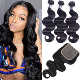 Amella Hair Brazilian Virgin Remy Body Wave Bundles with T Part Closure 4x0.75 Middle Part(18 20 22+16) 8A Body Wave Human Hair 