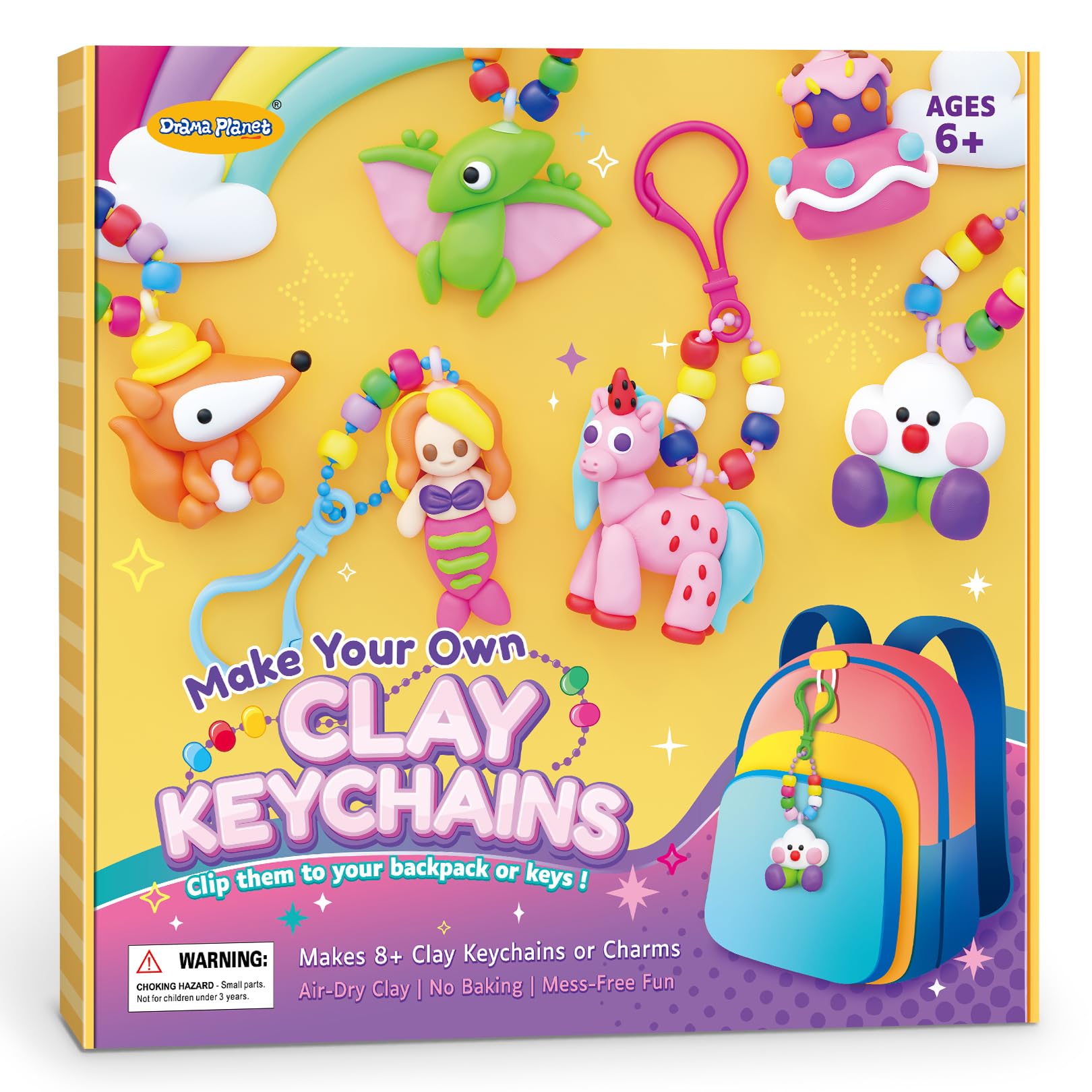 Drama Planet Make Your Own Clay Keychains - Air Dry Clay Craft Kit for Kids Ages 6 and Up, Create 8+ Charms and Bag Decorations,