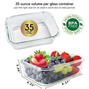 Brieftons Glass Meal Prep Containers: 5 Pack, 35 Oz with Airtight, Leakproof Snap Locking Lids, Perfect for Food Storage, Lunch