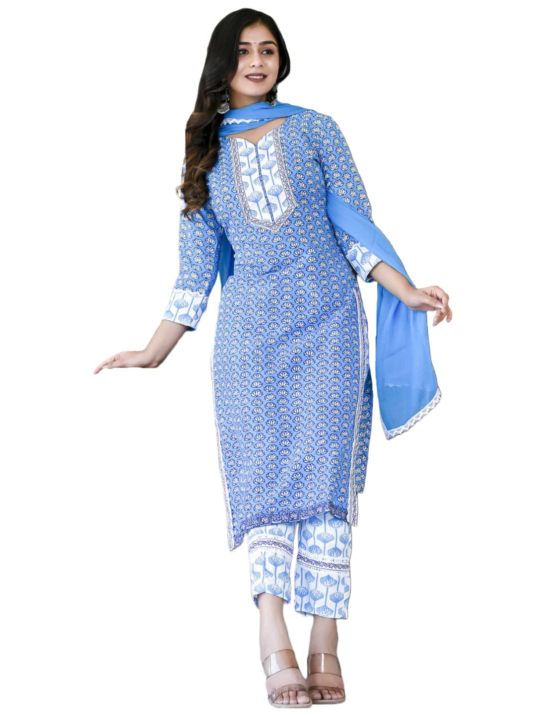 Anni Designer Women'S Cotton Blend Printed Straight Kurta With Pant & Dupatta (Sky Bird-Blue-Cm_M_Blue_Medium),Blue,M