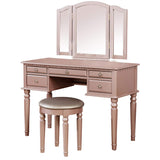 Benjara Vanity Set with Turned Tapered Legs and Three Piece Mirror, Rose Gold