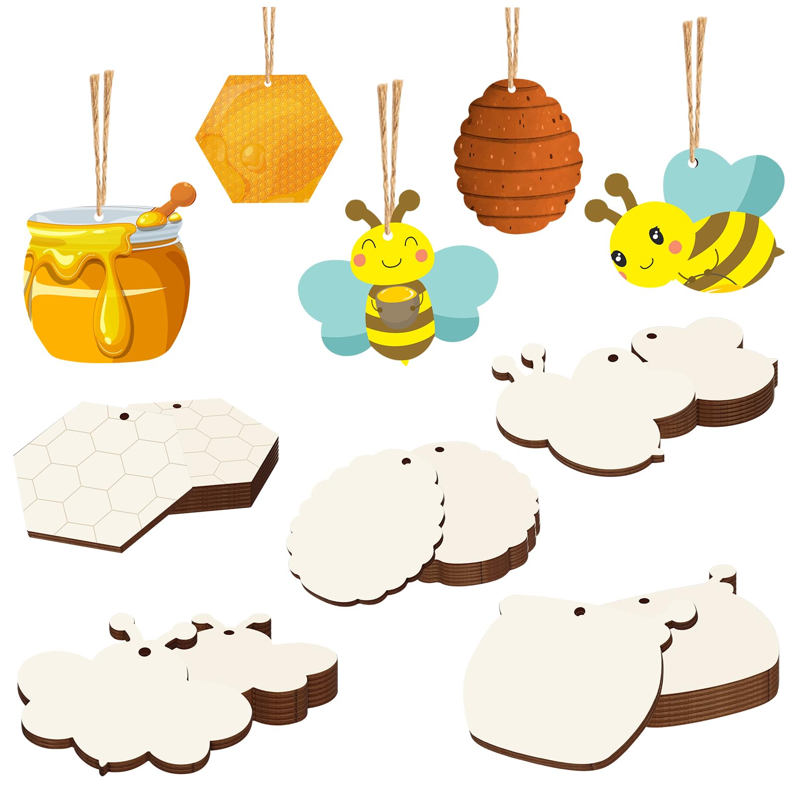 Tmflexe Bee 30Pcs Unfinished Wooden Gift 5 Style Ornaments DIY Craft Present Paintable Blank Natural Bee Honeycome Jar Cutouts H