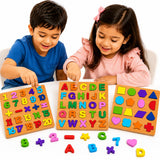 IBERLS Wooden ABC Learning Puzzle Set with Alphabet Board, Number Counting Board & Shape Sorting Board, Pack of 3 Montessori Edu