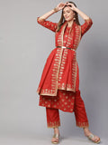 Anni Designer Women'S Cotton Straight Kurta With Pant & Dupatta (Kptd-Cot-10061-Red_M_Red_Medium),Red,M,Cotton,Straight,Kurta, Pants, Scarf