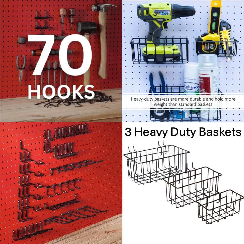 Heavy Duty Black Pegboard Hooks and Baskets for Hanging Tools, 73 Pieces 1/4'' Peg Board Accessories Peg Hooks and Bins, Peg Boa