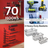 Heavy Duty Black Pegboard Hooks and Baskets for Hanging Tools, 73 Pieces 1/4'' Peg Board Accessories Peg Hooks and Bins, Peg Boa